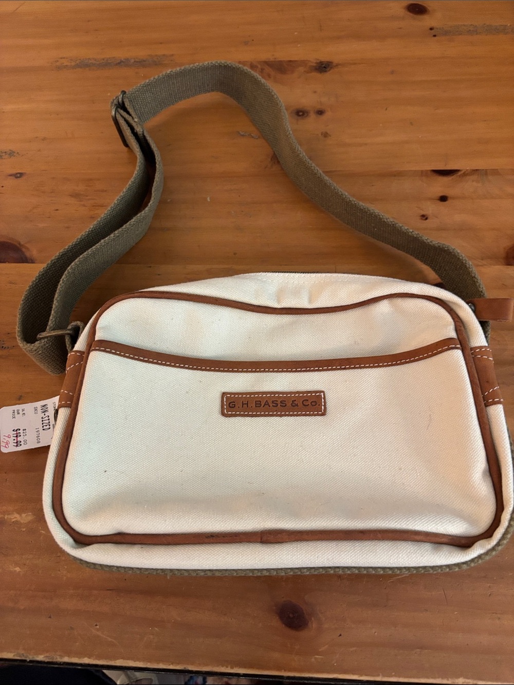 G.H. Bass & Co. Cream Canvas Shoulder Bag with Brown Trim and Olive Stra
